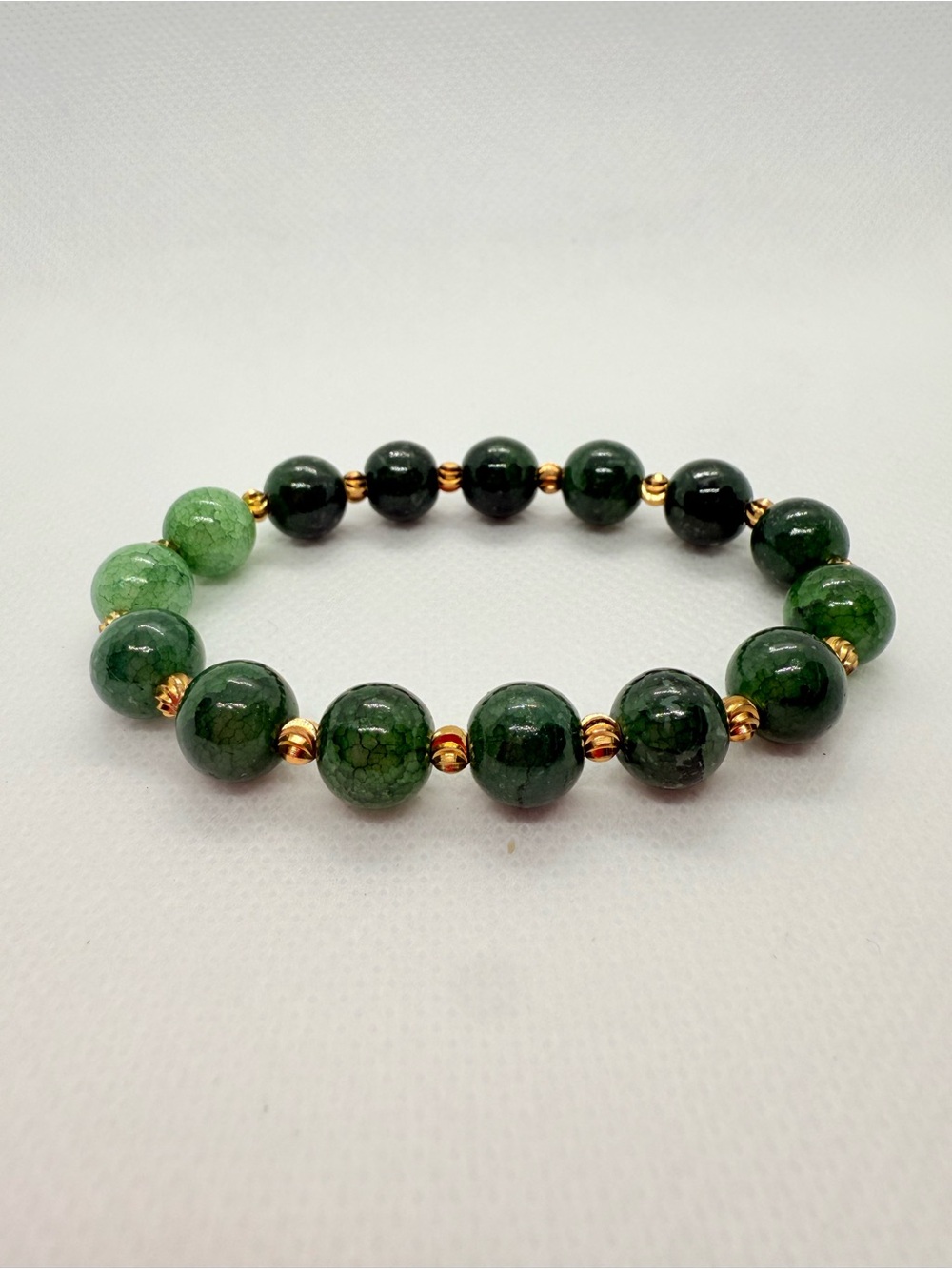 Green Agate Bead Stretch Bracelet with Gold Accents